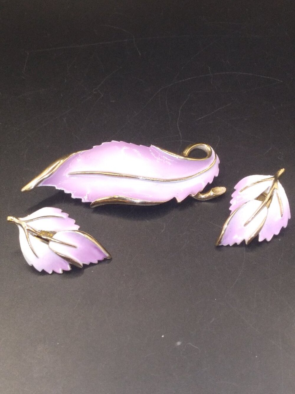 Vintage Lavender Enamel Brooch & Clip Earrings Set Gold Tone